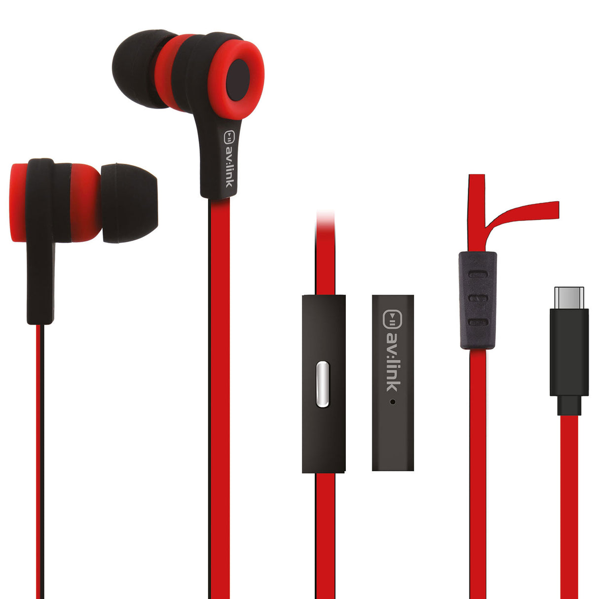 Rubberised Stereo Earphones with Hands-free Red & Black USB-C