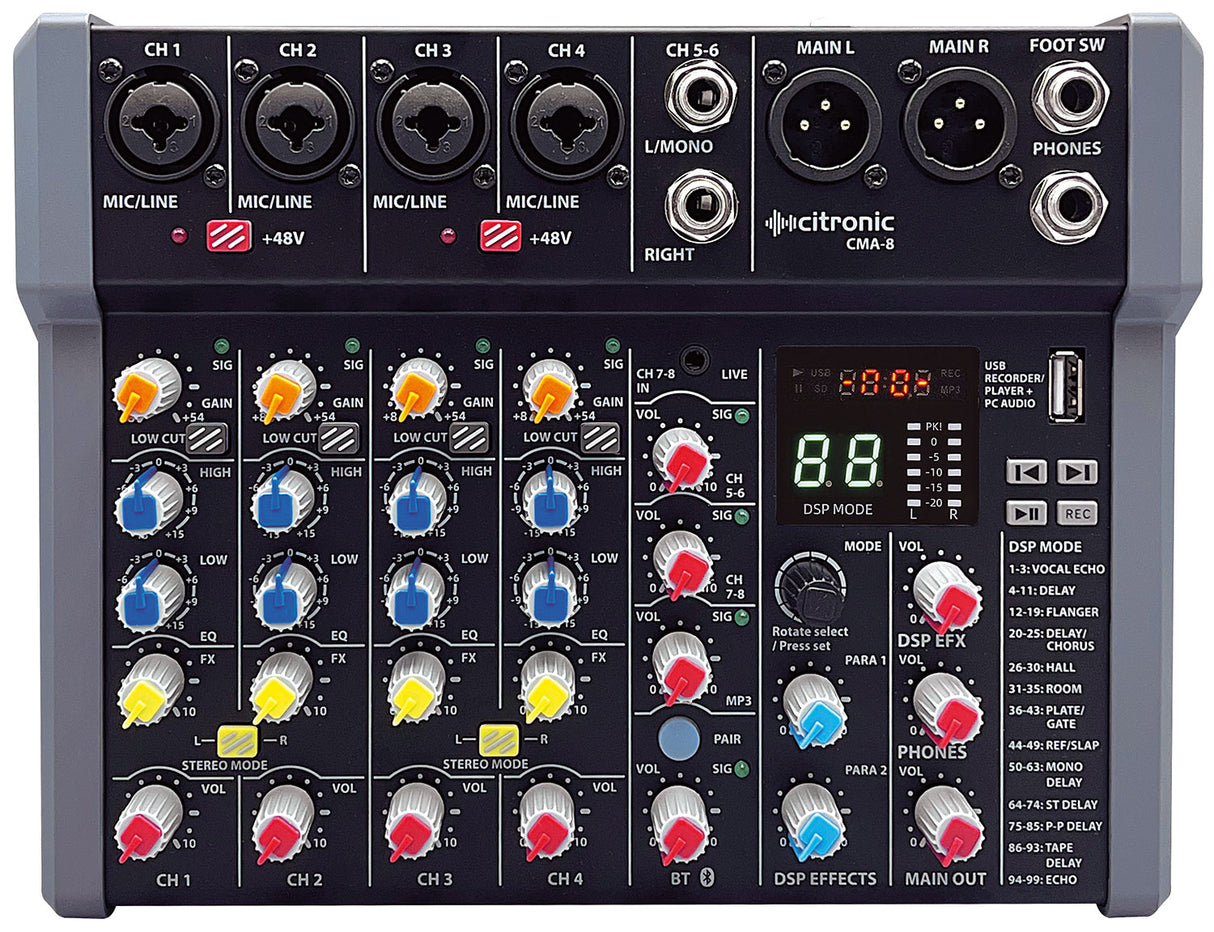 CMA-8 Compact Mixers with DSP, USB Play/Record/PC and Bluetooth 4 mono + 2 stereo
