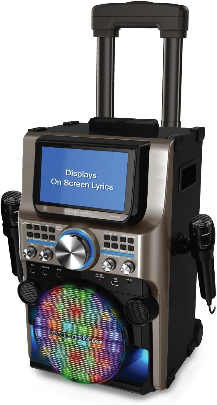 Easy Karaoke Ultimate Bluetooth Karaoke Machine with LED Multi-Colour Light Effects - Portable Karaoke System with 7" TFT Colour Screen, 300W Peak Power, Rechargeable Battery, and 500 Built-in Songs
