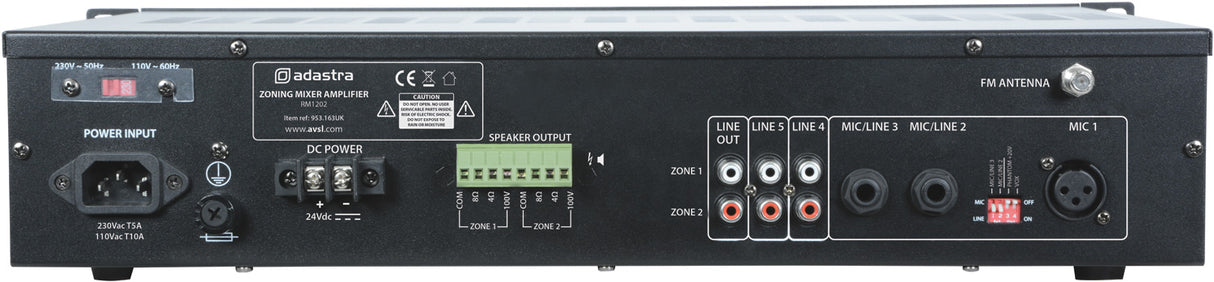 Adastra RM1202 2-Zone 100V Line Mixer Amplifier with Bluetooth, USB/SD & FM Tuner