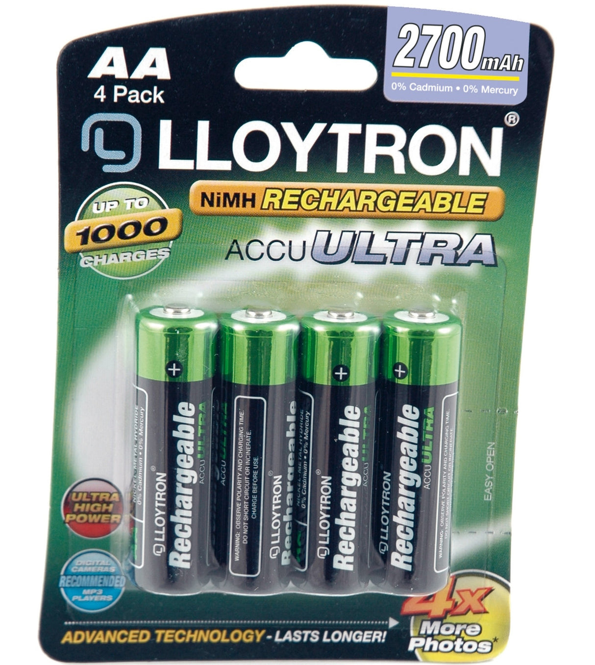 AA 2700 mAh NiMH Rechargeable Batteries. 4 Pack