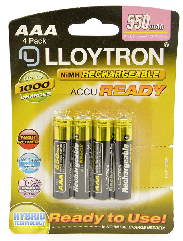 AAA 550 mAh Accu Ready NiMH Rechargeable Batteries 4 Pack Pre charged