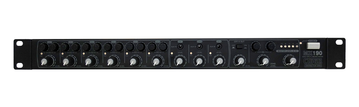 Cloud MX190 Contractor Series - 1u 9 Channel Mixer with 6 Mic/Line Channels and 3 Line Channels