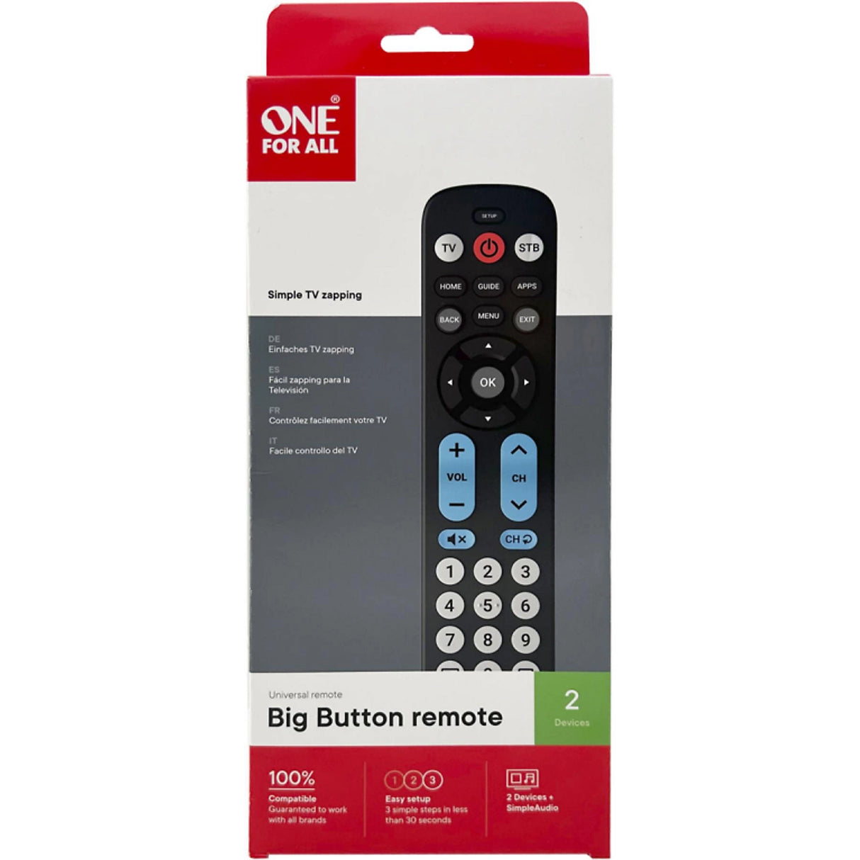 One For All URC6821 Universal Big Button Remote Control Easy Setup Simple Audio