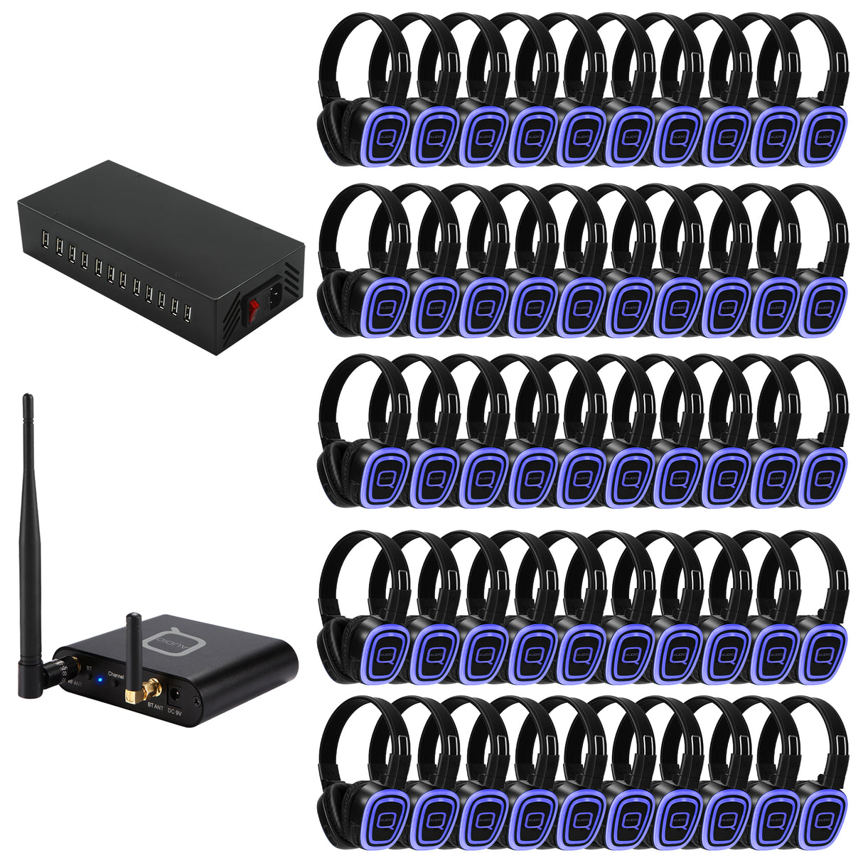50 Way Silent Disco Bundle With Bluetooth Transmitter & Charger QSD-3PRO Bundle with 50 Headsets