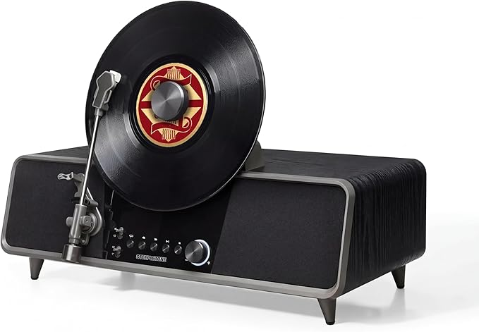 Shoreditch Vinyl Record Player, Vertical Loading, Fully Automatic 2 Speed Turntable with High Power Built in Speakers, Bluetooth, AUX IN, Headphone & Remote Control, Black Wood Finish