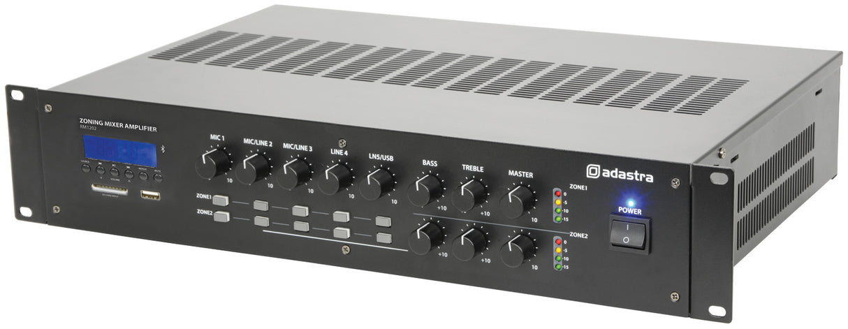 Adastra RM1202 2-Zone 100V Line Mixer Amplifier with Bluetooth, USB/SD & FM Tuner