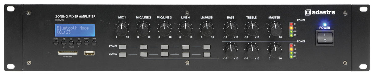 Adastra RM1202 2-Zone 100V Line Mixer Amplifier with Bluetooth, USB/SD & FM Tuner