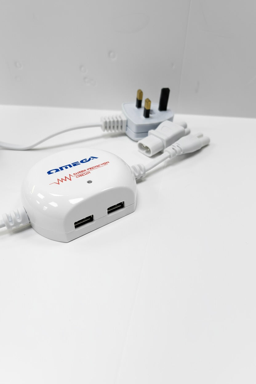 Surge Protected Laptop Mains Adaptor with Twin USB Charging Hub and a Fig 8 to Clover Adaptor