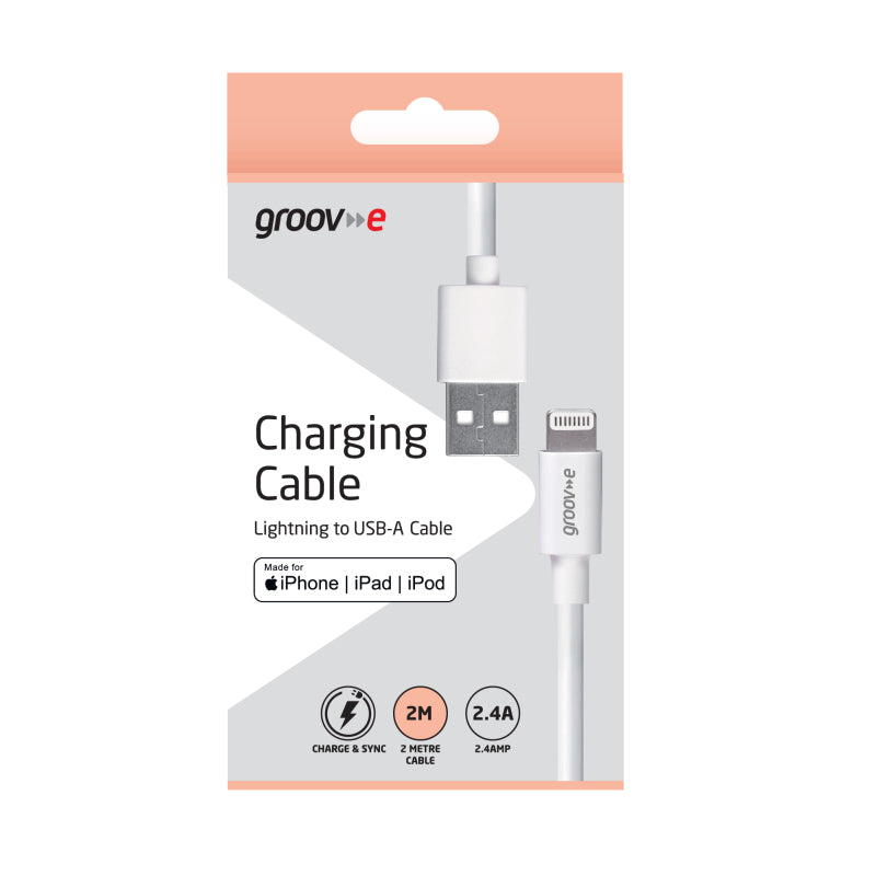 Groov-e GVMA042WE MFI Lightning to USB-A Charging Cable 2M - White