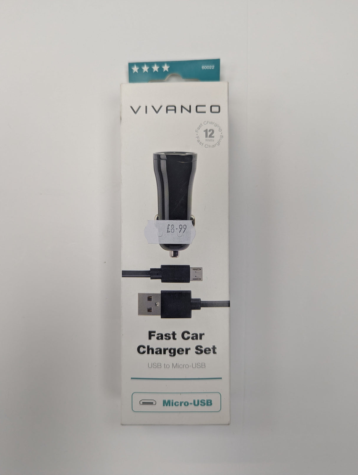 Vivanco Fast Car Charger Set in its original white packaging box, featuring a black car charger and a black USB micro-USB cable.