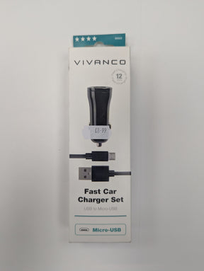 Vivanco Fast Car Charger Set in its original white packaging box, featuring a black car charger and a black USB micro-USB cable.
