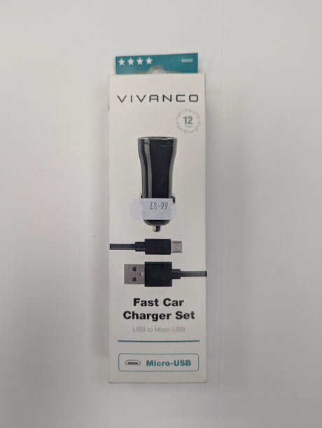 Vivanco Fast Car Charger Set in its original white packaging box, featuring a black car charger and a black USB micro-USB cable.