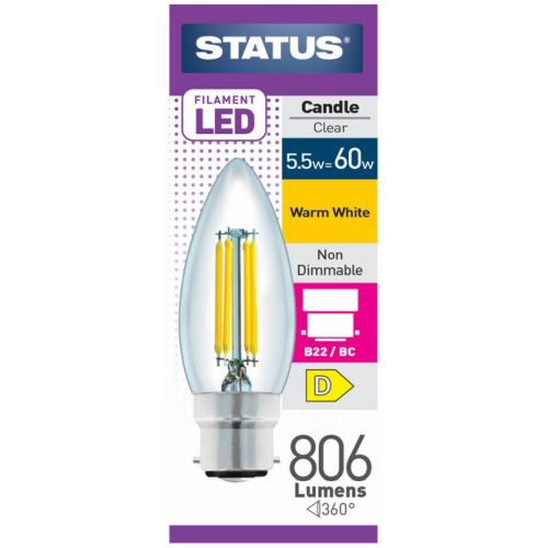 Status 5.5w (=60w) BC Candle Filament Warm White LED Light bulb