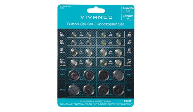 button cell set, 24 pcs. 12 different types lithium and alkaline