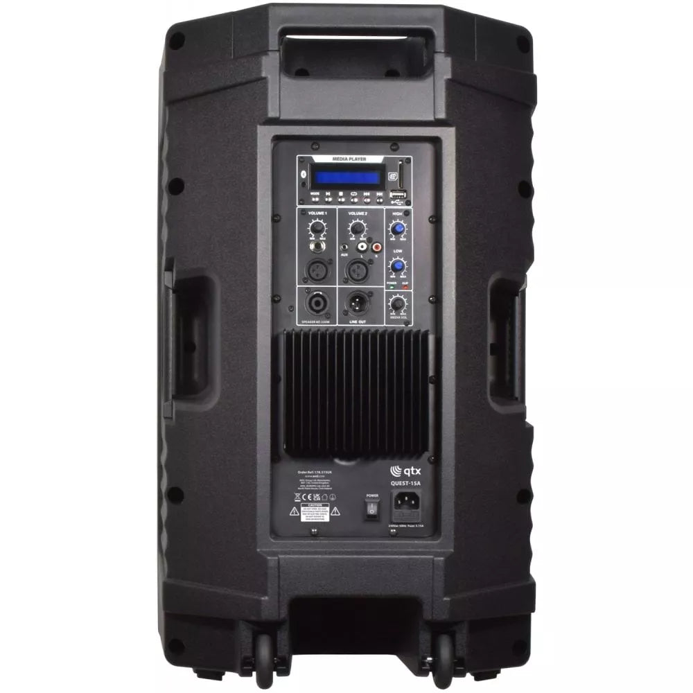 QTX QUEST-15A Active 15 Inch PA Speaker, 880W Peak, USB/SD/FM/BT Media Player, Class-AB Amplifier, Black