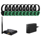 10 headset silent-disco package with QSD-3PRO headsets, a Bluetooth transmitter and a 20-way charger.