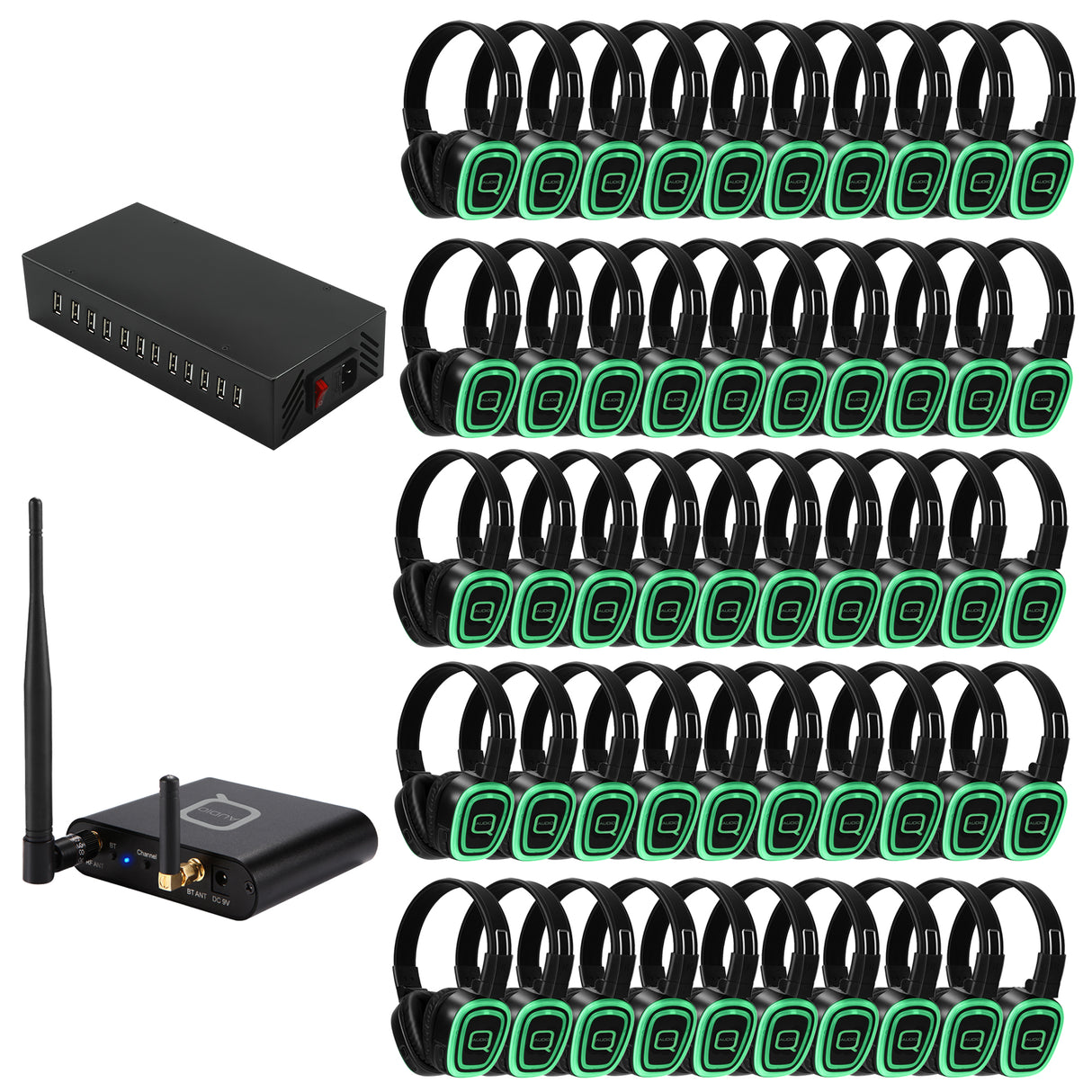 50 Way Silent Disco Bundle With Bluetooth Transmitter & Charger QSD-3PRO Bundle with 50 Headsets