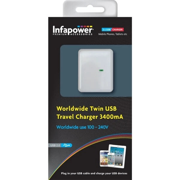 Infapower Worldwide Twin USB Travel Charger 3400mA ,100-240v PO24,UK