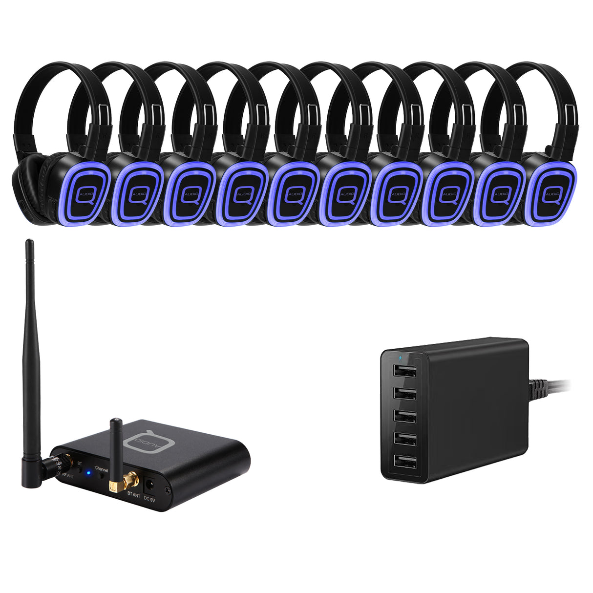 10 headset silent-disco package with QSD-3PRO headsets, a Bluetooth transmitter and a 20-way charger.
