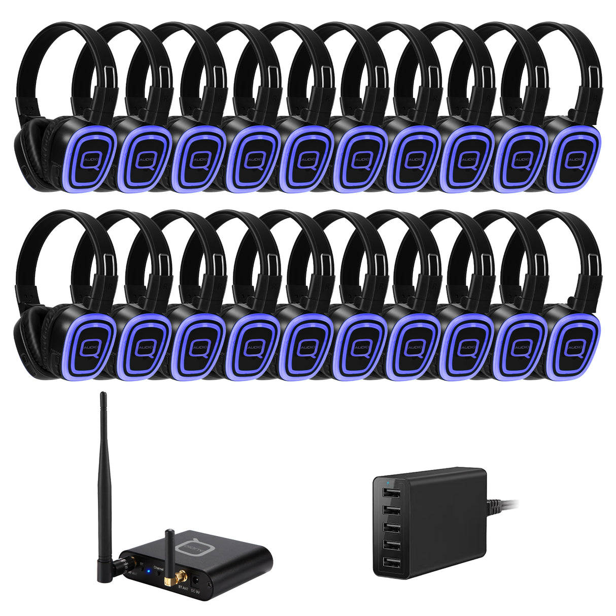 20 Way Silent Disco Bundle With Bluetooth Transmitter & Charger QSD-3PRO Bundle with 20 Headsets