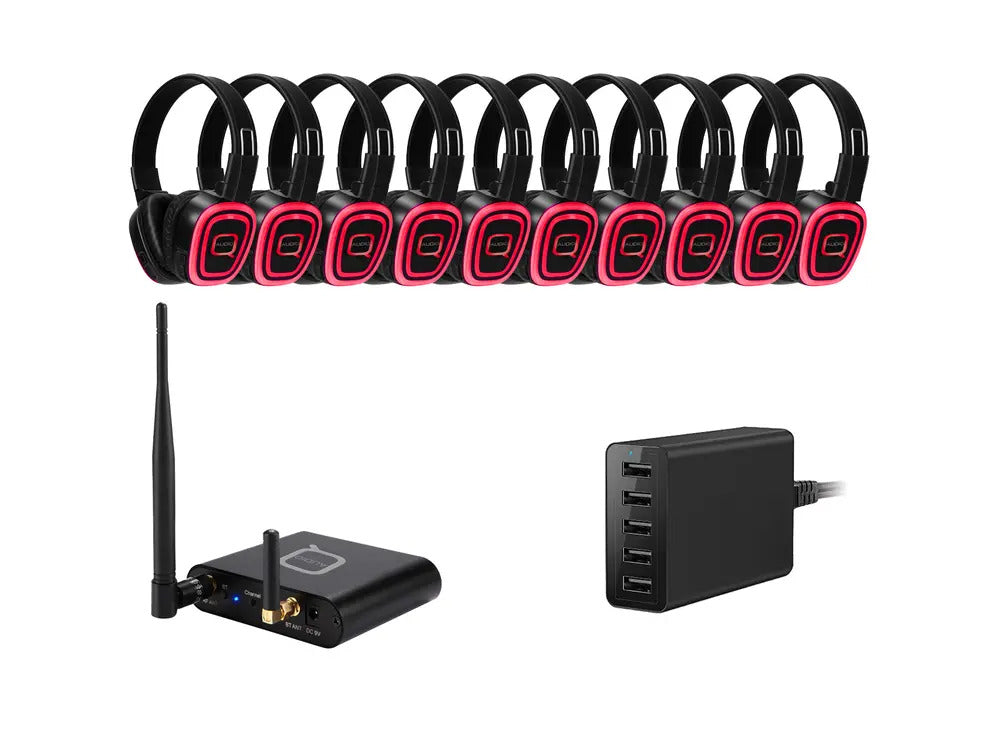 10 headset silent-disco package with QSD-3PRO headsets, a Bluetooth transmitter and a 20-way charger.