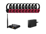 10 headset silent-disco package with QSD-3PRO headsets, a Bluetooth transmitter and a 20-way charger.