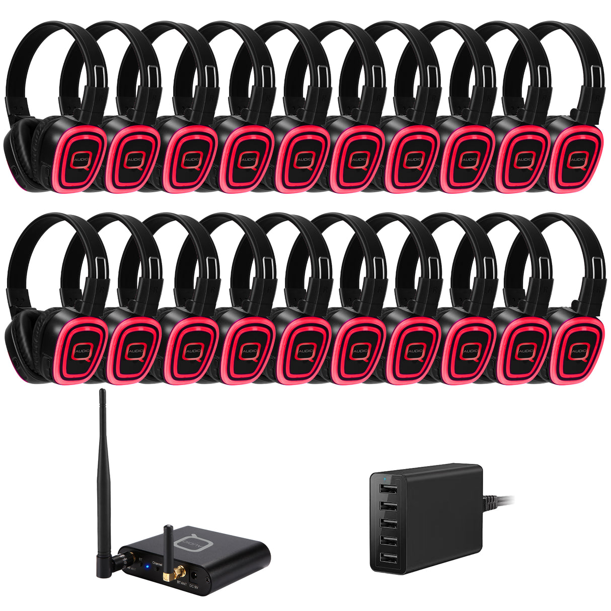 20 Way Silent Disco Bundle With Bluetooth Transmitter & Charger QSD-3PRO Bundle with 20 Headsets