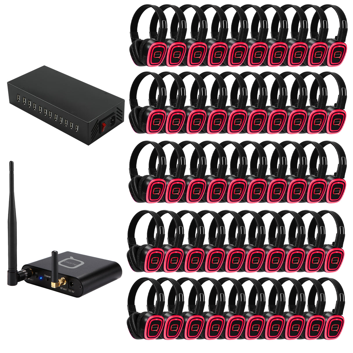 50 Way Silent Disco Bundle With Bluetooth Transmitter & Charger QSD-3PRO Bundle with 50 Headsets