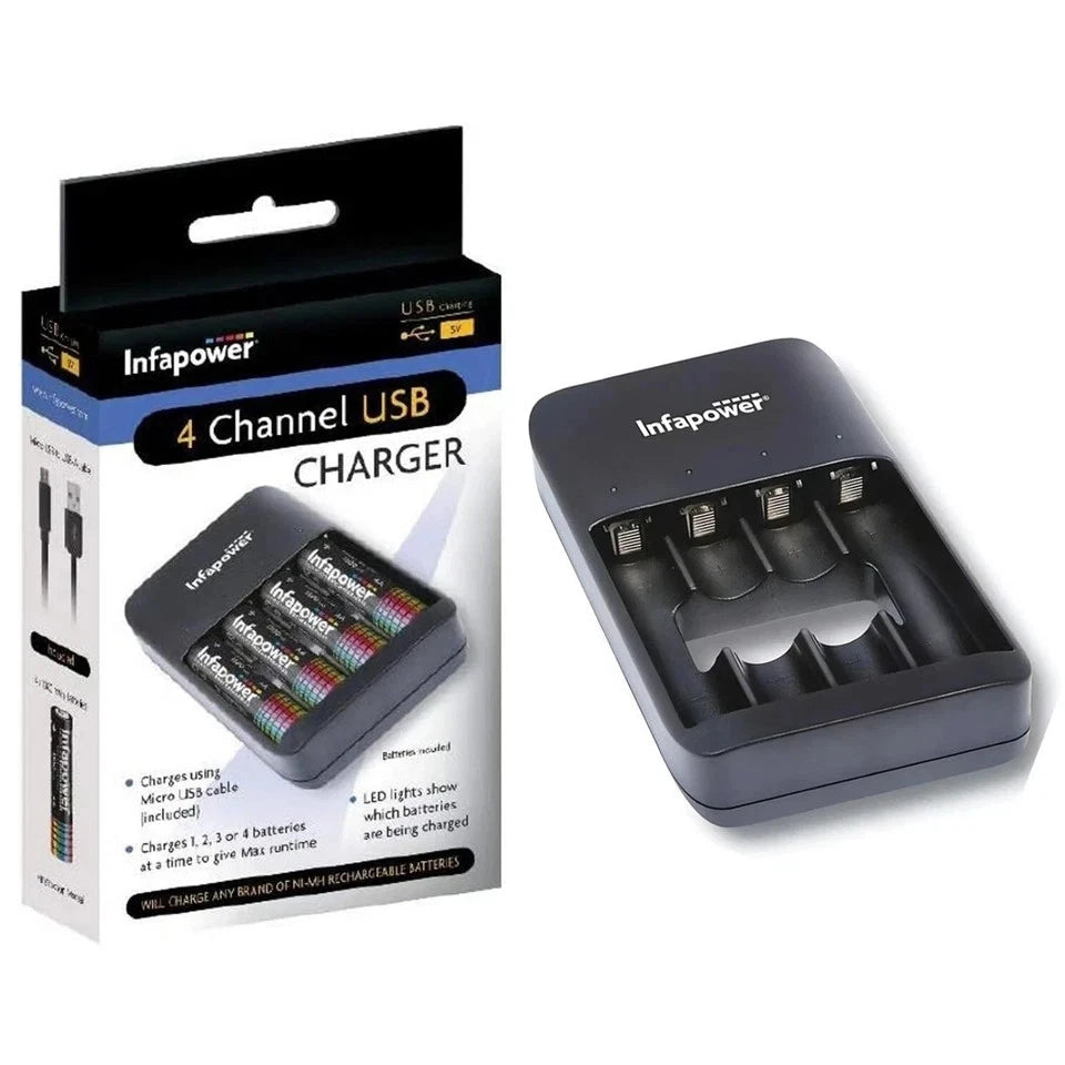 4-Channel USB Charger with 4x AA 1300mAh Rechargeable Batteries