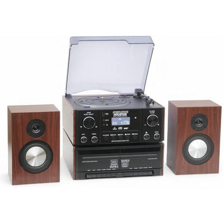 Steepletone HOUSTON XP Black 6 in 1 Music Centre, Bluetooth Vinyl Record Player, Turntable with CD, Cassette, DAB+ / FM Radio, USB MP3 playback & Encoding, NEW 25Watt High Power Wireless Speakers