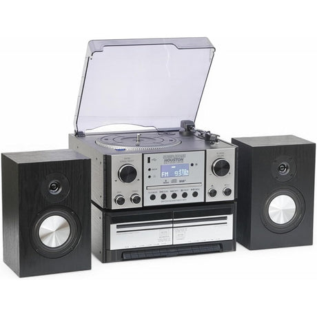 Steepletone HOUSTON XP Silver 6 in 1 Music Centre, Bluetooth Vinyl Record Player, Turntable with CD, Cassette, DAB+ / FM Radio, USB MP3 playback & Encoding, NEW 25Watt High Power Wireless Speakers