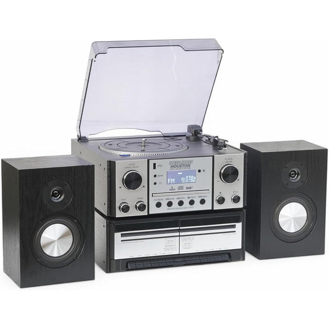 Steepletone HOUSTON XP Silver 6 in 1 Music Centre, Bluetooth Vinyl Record Player, Turntable with CD, Cassette, DAB+ / FM Radio, USB MP3 playback & Encoding, NEW 25Watt High Power Wireless Speakers